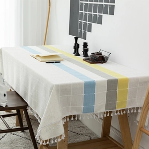 Nordic Faux Cotton Linen Striped Plaid Tablecloth With Decorative Tassels Rectangular Dustproof Table Cloth For Home Kitchen