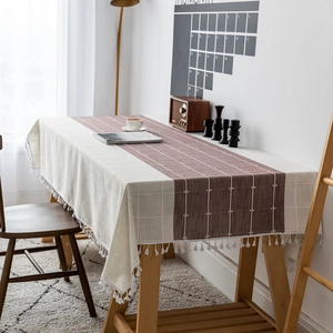 Nordic striped lattice tablecloth with cream and red-brown patchwork and elegant tassels