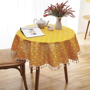 Nordic Style Round Tablecloth Polyester Cotton Printed Geometric Pattern Grid With Tassels For Kitchen Dining Table Home Decor