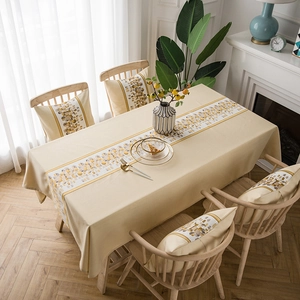 Waterproof faux linen table runner with abstract geometric stone pattern and matching cushions