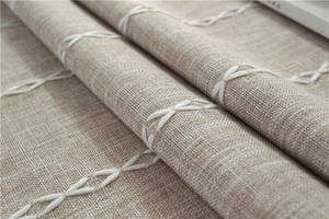 Detail of jacquard embroidered linen-style tablecloth featuring white stitching and fringe