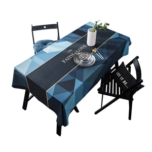 Modern velvet tablecloth with blue geometric patterns and gold printed calligraphy