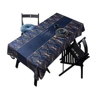 Art Deco dark blue velvet tablecloth with gold geometric patterns and central text