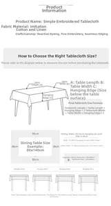 Detailed size guide and measurement chart for modern embroidered linen tablecloth