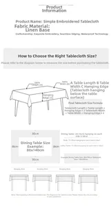 Size guide for minimalist embroidered linen tablecloth with waterproof drop length calculation