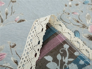 Detail of light blue chenille fabric with floral embroidery and white lace border