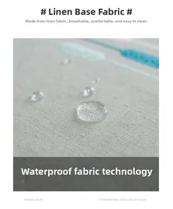 Macro shot of linen texture showing waterproof water drops on geometric table runner