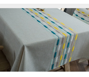 Detailed texture of cotton linen waterproof tablecloth with modern geometric strip patterns