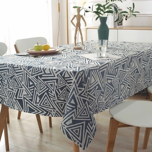 Waterproof rectangular tablecloth featuring blue and white geometric triangle patterns