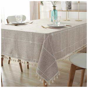 Beige faux linen tablecloth with white plaid embroidery and elegant fringe tassels