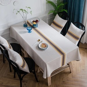 Modern Geometric Stripe Embroidery Tablecloth Polyester Linen Blend Waterproof Rectangular Table Cover For Dining Room