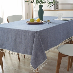Blue linen texture rectangular tablecloth with white fringe tassels for dining table decor