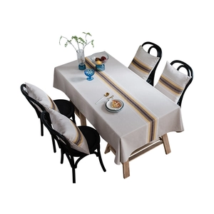 Modern linen cotton waterproof table runner set with geometric yellow and grey stripes