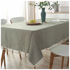 Japanese style green cotton linen rectangular tablecloth with white tassel edge decor