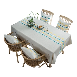 Modern geometric embroidered cotton linen table runner with tassel and matching cushions