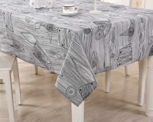 Detail of minimalist black and white wood grain pattern on durable fabric tablecloth
