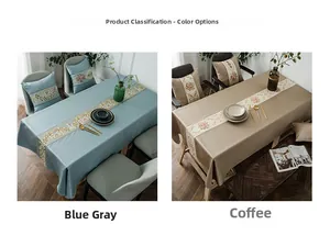 Detailed luxury silk-textured table runner with intricate floral embroidery in blue and brown