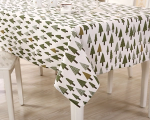 Detailed view of the Nordic style Christmas tree pattern on a polyester cotton tablecloth