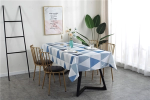 Detail of waterproof geometric triangle tablecloth with Nordic blue print and elk patterns