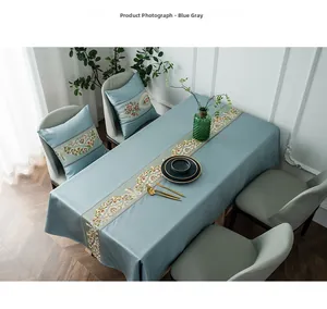 Blue-grey table runner and matching pillow set with elegant European floral embroidery