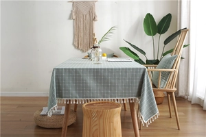 Detailed view of sage green checkered tablecloth with white tassel edge in boho setting