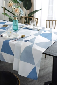 Close-up of waterproof geometric triangle tablecloth on table with modern decor