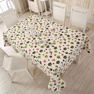 Detailed top view of a cotton linen tablecloth with cartoon forest animals and trees