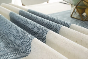 Detail of waterproof linen table runner showing wavy texture and Morandi blue splicing