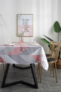 Detail of Nordic geometric triangle pattern waterproof tablecloth in a modern dining setting