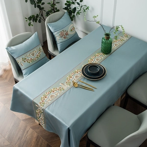Morandi blue embroidered table runner and matching cushions with luxury floral satin finish
