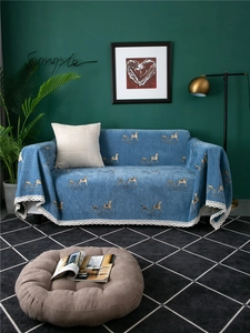 Thick denim blue chenille sofa cover with horse carriage jacquard and white lace edges