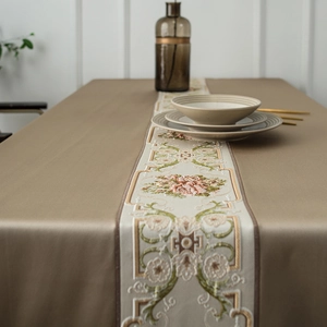 Classical embroidered table runner with pink roses on luxury khaki satin fabric