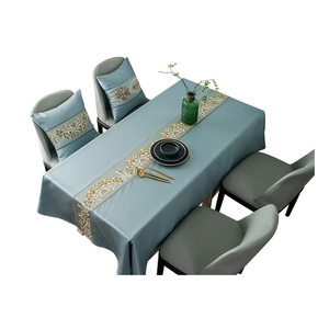 Morandi blue embroidered tablecloth set with luxury floral patterns and chair cushions