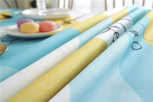 Close-up of waterproof polyester tablecloth with geometric print and fabric texture