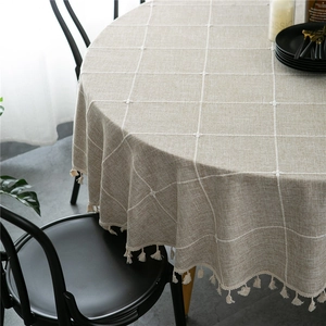 Modern plaid polyester jacquard round tablecloth with tassels and floral embroidery detail