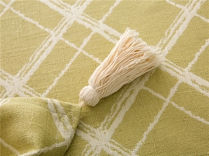 Close-up of green and beige checkered woven fabric with detailed fringe tassels