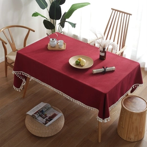 Nordic Style Faux Linen Polyester Rectangular Tablecloth Solid Color Dustproof Table Cover With White Tassels For Home Dining