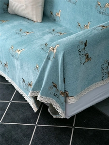 Detail of light blue chenille sofa cover with carriage print and white lace edging