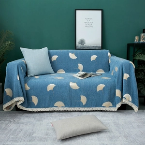Thick chenille sofa cover with blue ginkgo leaf jacquard and elegant lace edges