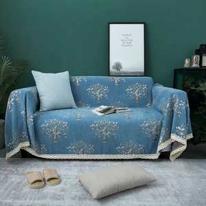 Thick chenille blue sofa cover with tree prints and white lace trim edge