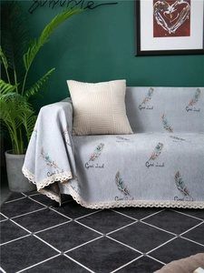 Thick chenille sofa cover with colorful feather prints and elegant beige lace edging