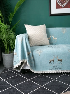 Detail of light blue chenille sofa cover featuring white lace and reindeer pattern