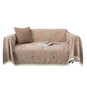 Thick chenille sofa cover with Tree of Life pattern and elegant white lace borders