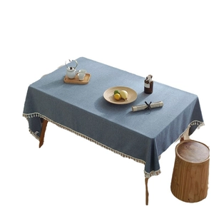 Rectangle blue cotton linen tablecloth with white tassels for dining room tables