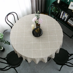 Modern beige jacquard plaid round tablecloth with elegant fringe trim for dining tables