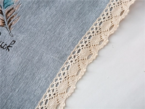 Macro shot of grey chenille sofa cover showing feather patterns and lace edge details