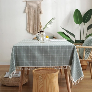 Rectangle sage green plaid tablecloth with white fringe tassels for dining table