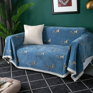 Vintage Carriage Print Chenille Sofa Cover Towel With Lace Trim Anti-slip Four Seasons Universal Furniture Protector