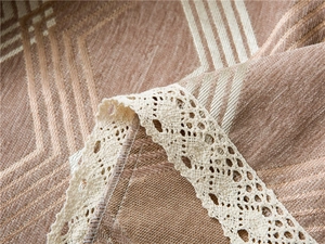Close-up of thick chenille sofa cover showing geometric texture and white crochet lace edge