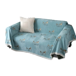 Thick light blue chenille sofa cover with vintage carriage pattern and lace trim decor